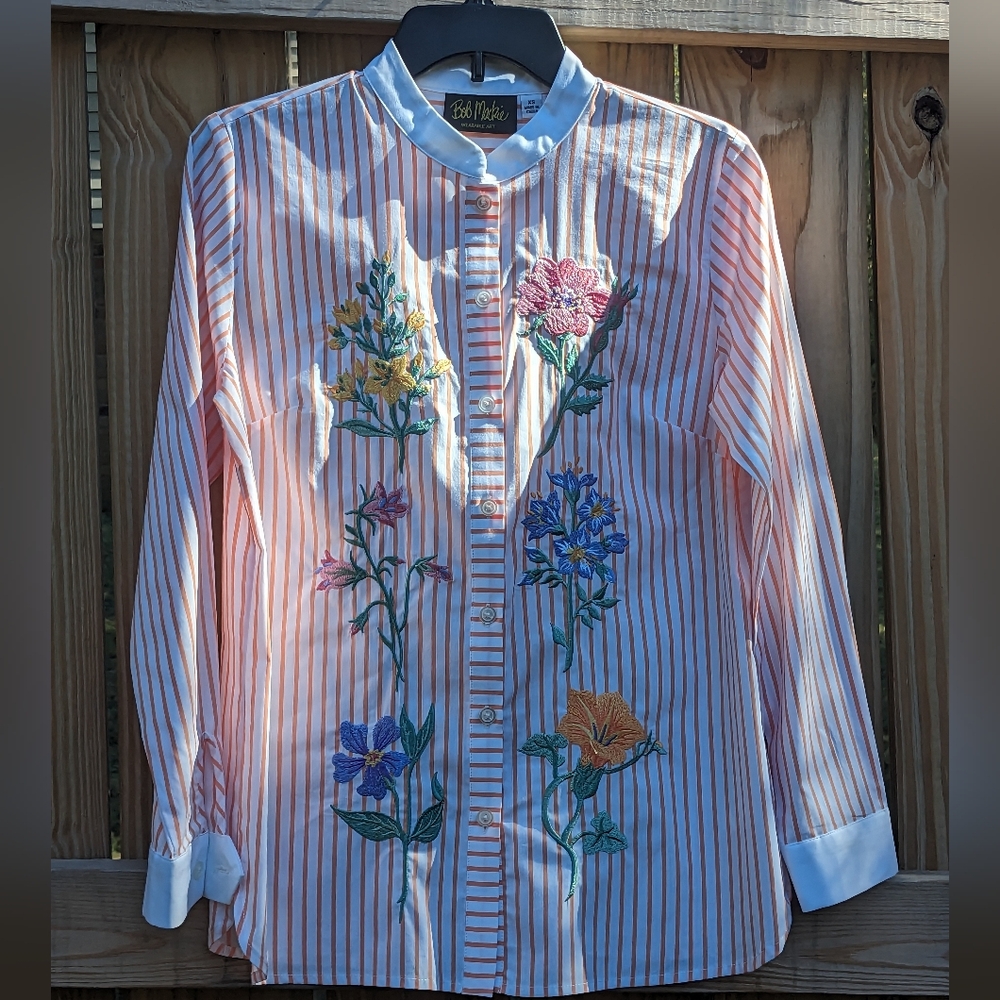 Bob Mackie Wearable Art Embroidered Floral Stripe Button Down